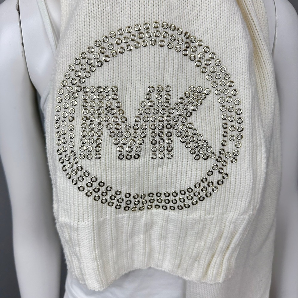 Michael Kors Scarf Women OS Cream Knitted Grommet Logo Eyelet Long Winter Wrap - Picture 7 of 8
